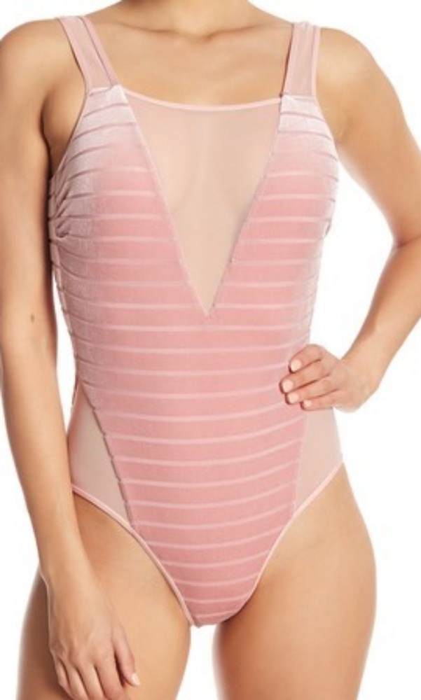 Kenneth Cole Pink Ribbed One Piece Swimsuit with Mesh Detail
